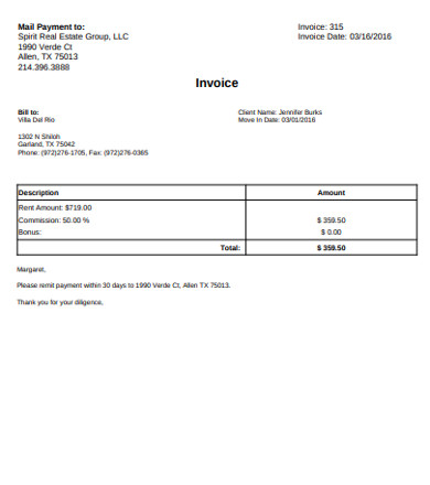 real estate invoice example