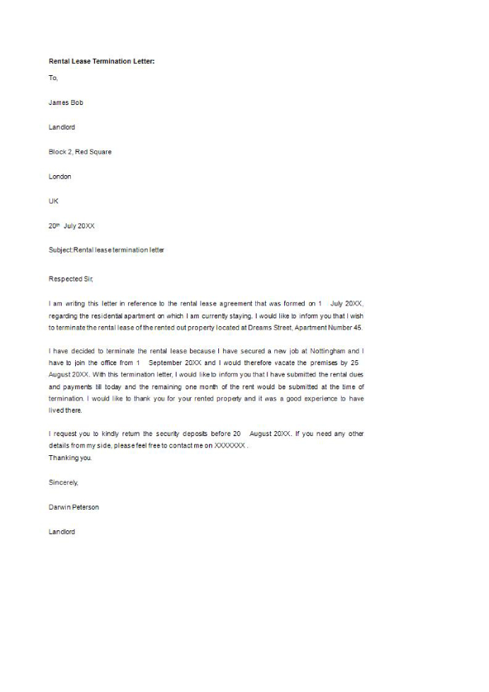 Rental Termination Letter - 7+ Examples, Format, Sample | Examples