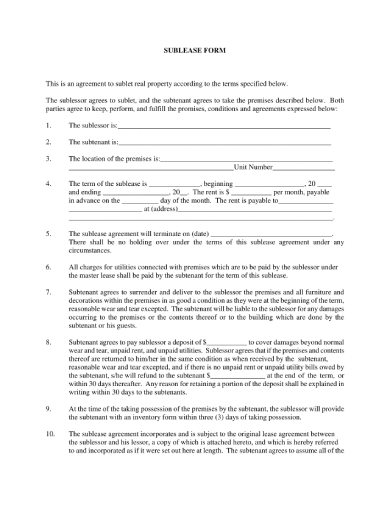 rental sublease agreement form