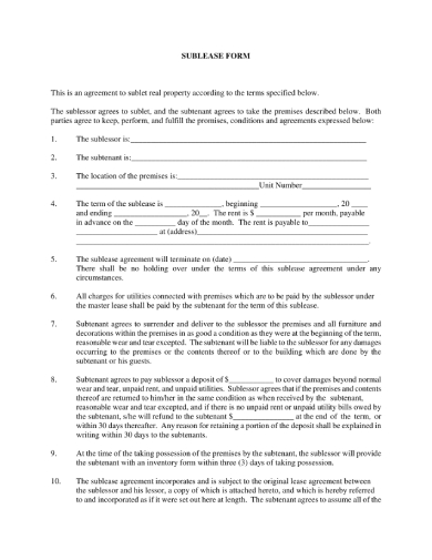 Rental Sublease Agreement - 12+ Examples, Format, Pdf | Examples