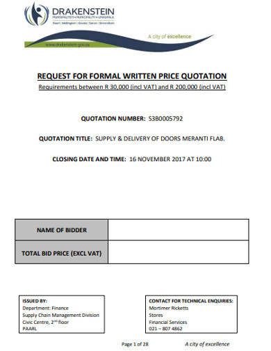 request for formal written price quotation