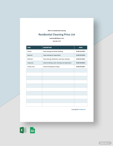 residential cleaning price list template