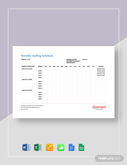 Restaurant Monthly Staffing Schedule Template