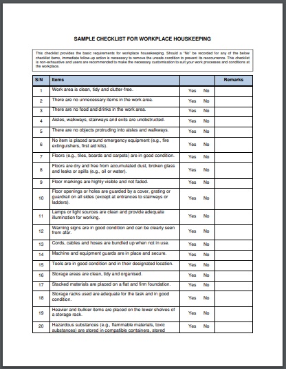 sample cleaning inspection checklist for workplace