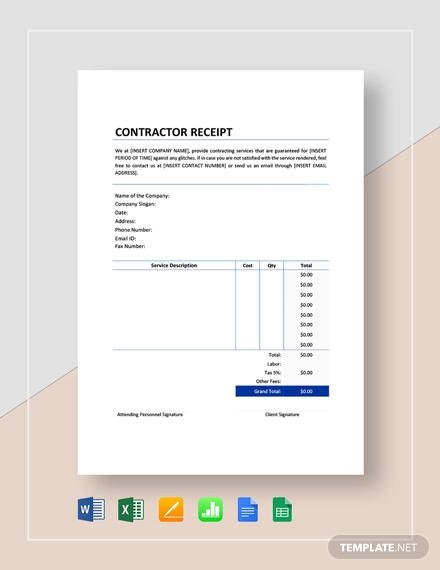 sample contractor receipt template