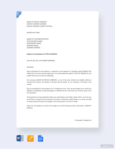 sample cover letter for a cost quotation template