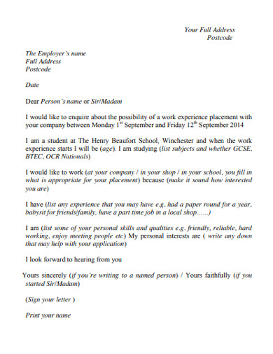 sample work experience letter
