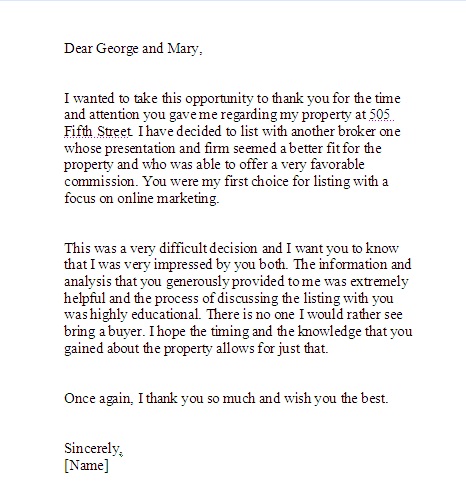 Sample rejection letter to real estate agents