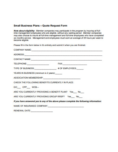 Small Business Plans Quote Request Form