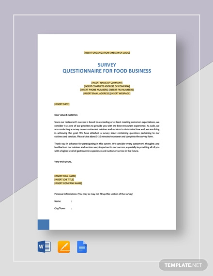 Survey Questionnaire for Food Business