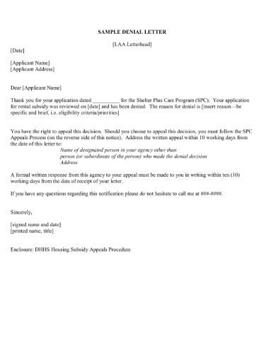 tenant rent subsidy rejection letter