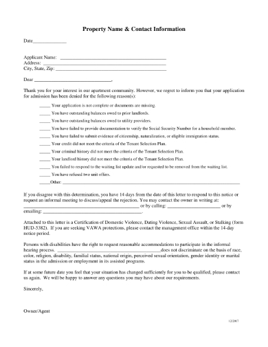 Free Rental Application Rejection Letter