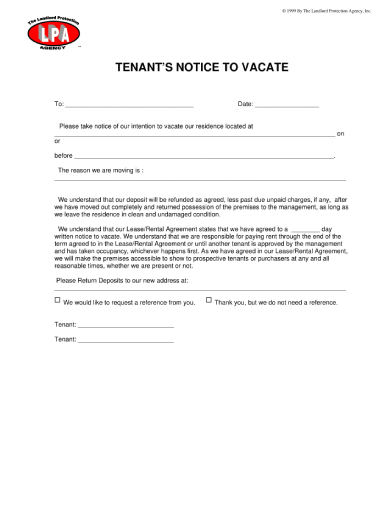 tenants notice to vacate