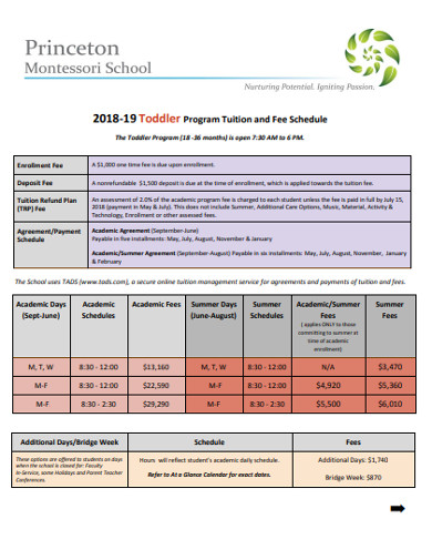 toddler​ ​program tuition and fee schedule