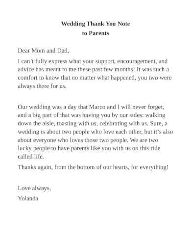 Wedding Thank You Note To Parents