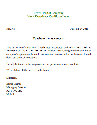 work experience certificate letter