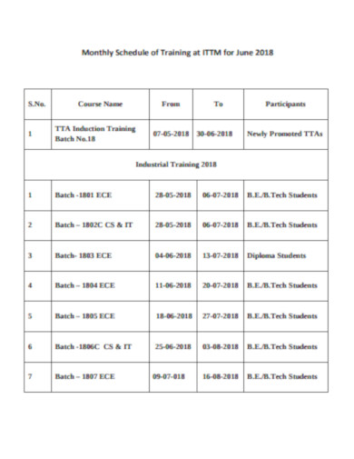 monthly schedule training
