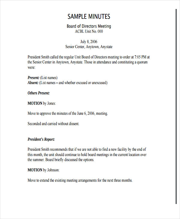 Nonprofit Meeting Minutes Example