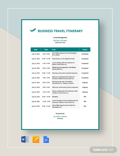 Travel Itinerary 30 Examples Format Pdf   Business Travel Itinerary Template 