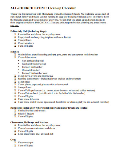 Church Event Cleaning Checklist