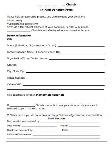 church in kind donation form