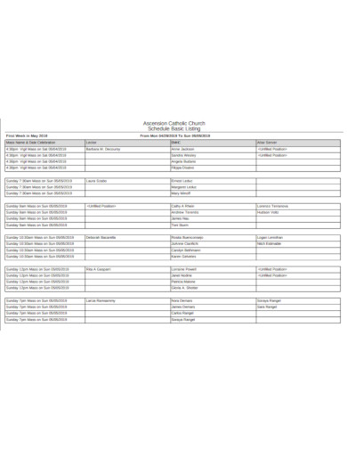 church schedule basic listing