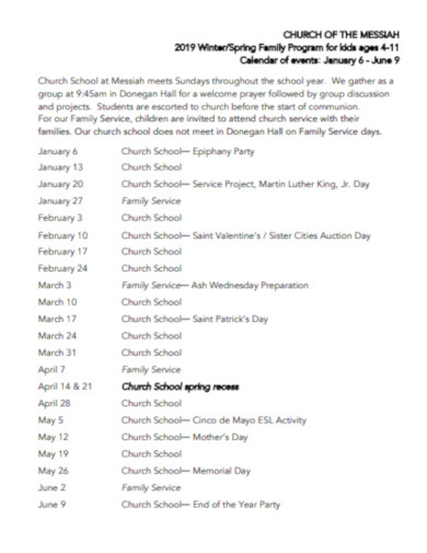 church school calendar
