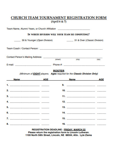 Church Team Tournment Registration Form