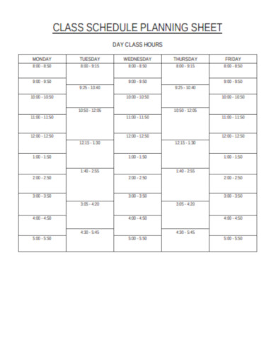 class schedule planning sheet