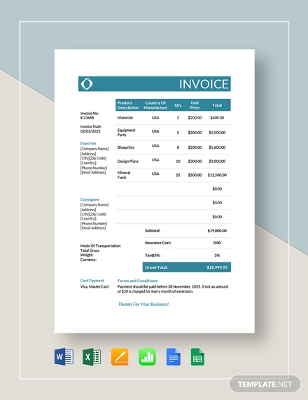 commercial invoice template for export