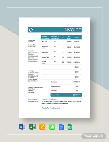 commercial invoice export template xls