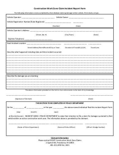Construction Work Zone Claim Incident Report Form