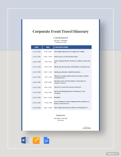 corporate event travel itinerary template