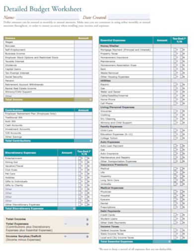 detailed budget worksheet