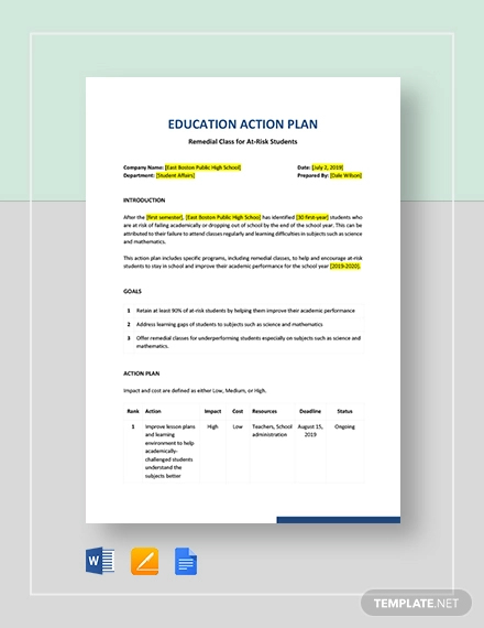education action plan template