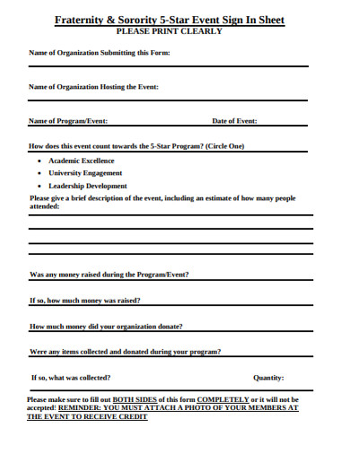 Fraternity Sorority 5 Star Event Sign In Sheet