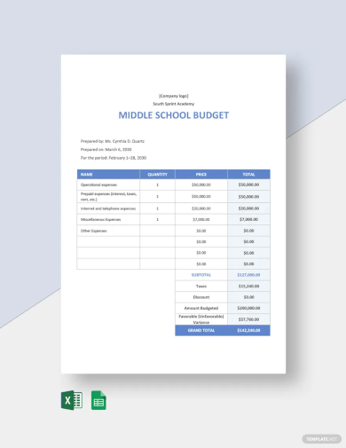 free middle school budget template