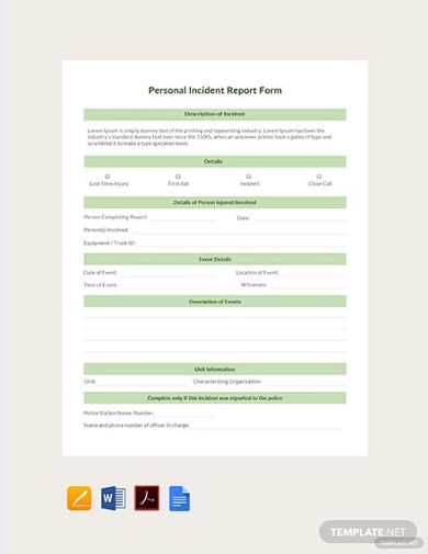 free personal incident report form template