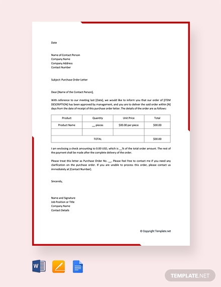 Free Purchase Order Letter