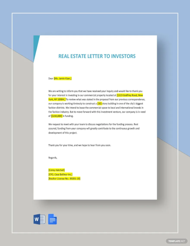 free real estate letter template to investors