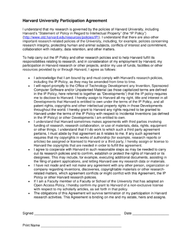 harvard university research participation agreement