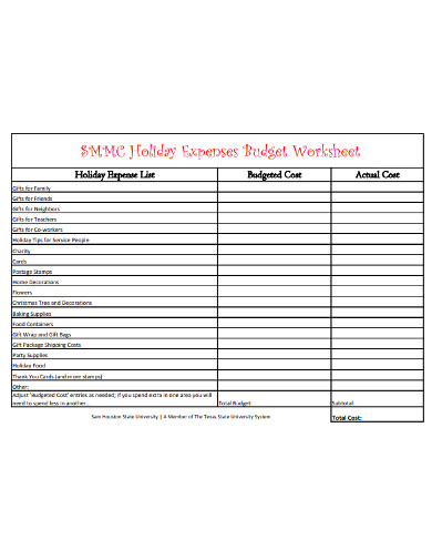 holiday expenses budget worksheet