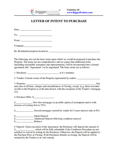 letter of intent to purchase