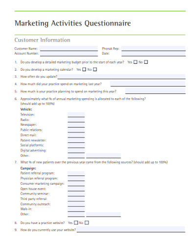 marketing activities questionnaire 