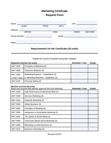 Marketing Certificate Request Form