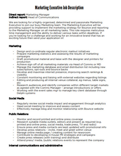 Marketing Job Description 15 Examples Format Pdf   Marketing Executive Job Description 