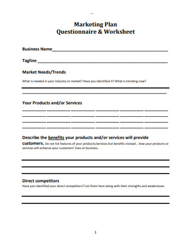 marketing plan questionnaire worksheet