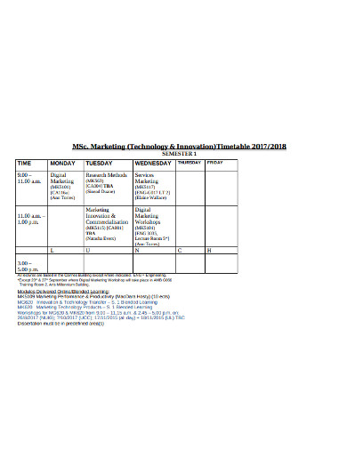 Marketing Timetable in PDF