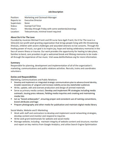 Marketing Job Description 15 Examples Format Pdf