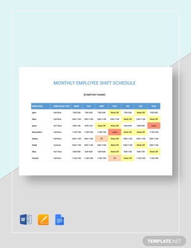 Monthly Employee Shift Schedule Template